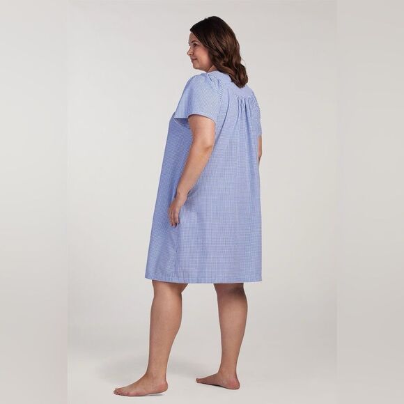 Miss Elaine Seersucker Short Midi Robe Navy Blue White Check Size 2X NEW $54 - Picture 4 of 16